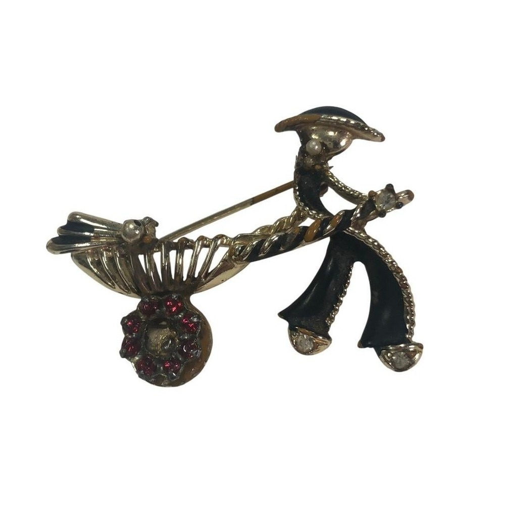 Vintage Figural Wheelbarrow Brooch Gold Tone Black Enamel Rhinestone Pin